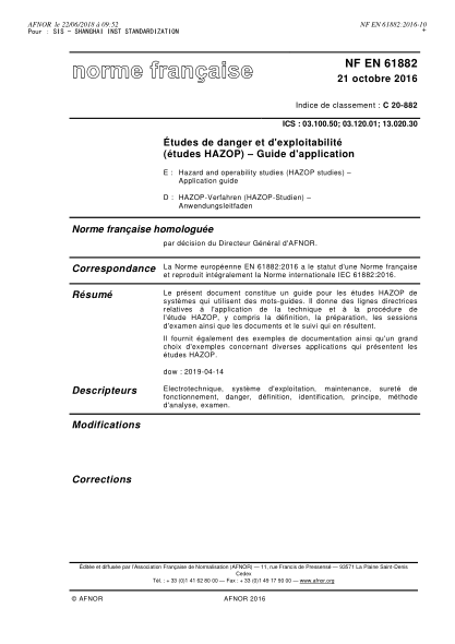 NF C20-882-2016   Hazard and operability studies (HAZOP studies) - Application guide