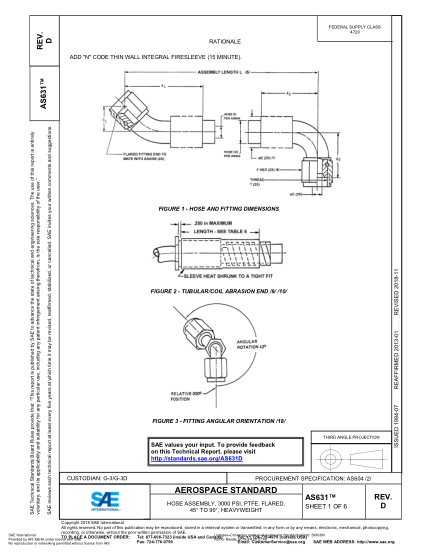 SAE AS631D-2018  Hose Assembly, 3000 Psi, Ptfe, Flared, 45° To 90°, Heavyweight