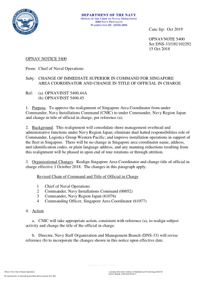 NIDS OPNAV NOTE 5400 18U102292-2018  (Ser Dns-33/18U102292) Change Of Immediate Superior In Command For Singapore Area Coordinator And Change In Title Of Official In Charge