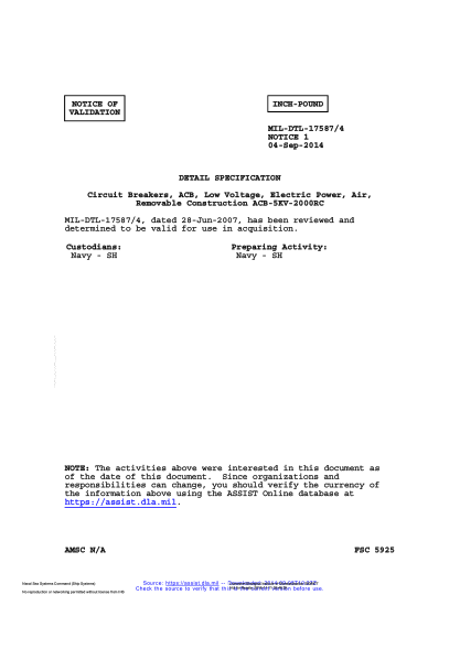 NAVY MIL-DTL-17587/4 VALID NOTICE 1-2014  Circuit Breakers, ACB, Low Voltage, Electric Power, Air, Removable Construction ACB-5KV-2000RC