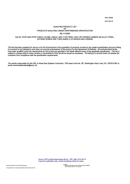 NAVY QPL-22052-2014  Valve,Stop And Stop Check,Globe,Angle,And Y Pattern,Cast Or Forged Carbon Or Alloy Steel,Outside Screw And Yoke (Sizes 2-1/2 Inches And Larger)