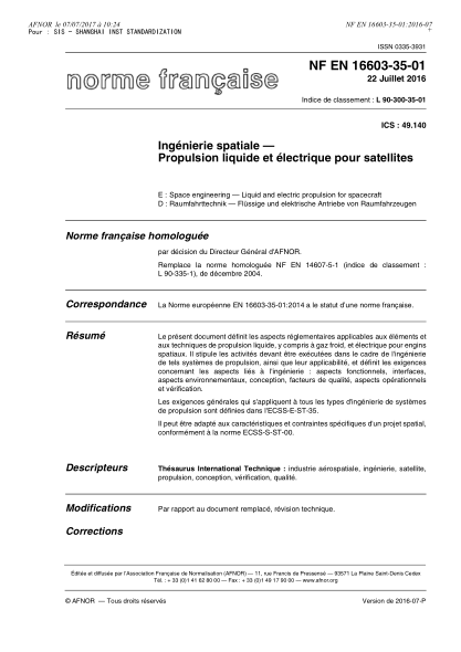 NF EN 16603-35-01-2016   Space engineering - Liquid and electric propulsion for spacecraft