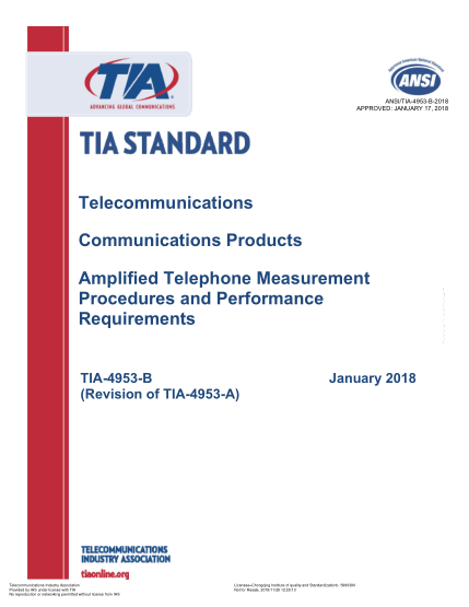 TIA 4953-B-2018  Telecommunications Communications Products Amplified Telephone Measurement Procedures And Performance Requirements