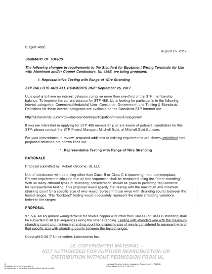 UL 486E BULLETIN/2-2017  UL Standard for Safety Equipment Wiring Terminals for Use with Aluminum and/or Copper Conductors (COMMENTS DUE: September 25, 2017)
