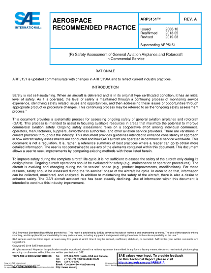 SAE ARP5151A-2019  (R) Safety Assessment Of General Aviation Airplanes And Rotorcraft In Commercial Service