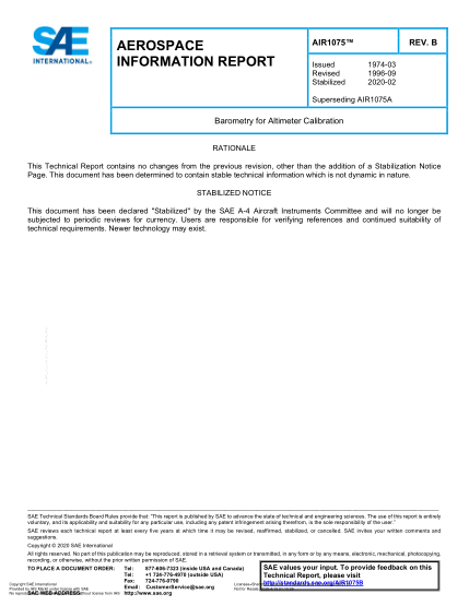 SAE AIR1075B-2020  Barometry For Altimeter Calibration