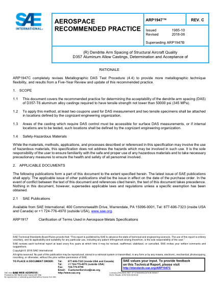 SAE ARP1947C-2018  Dendrite Arm Spacing Of Structural Aircraft Quality D357 Aluminum Alloy Castings, Determination And Acceptance Of