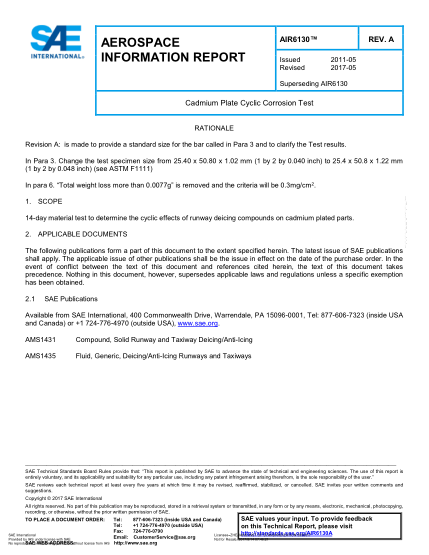 SAE AIR6130A-2017  Cadmium Plate Cyclic Corrosion Test