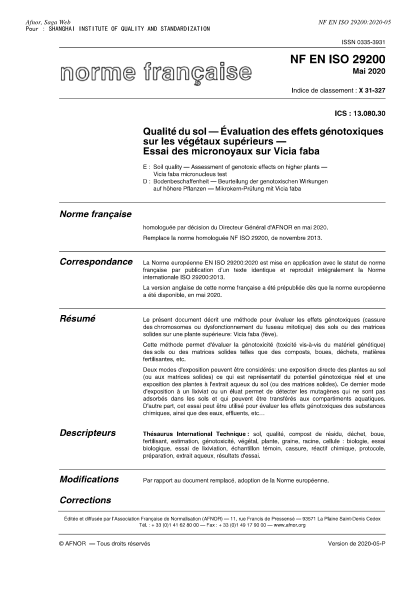 NF EN ISO 29200-2020  Soil quality - Assessment of genotoxic effects on higher plants - Vicia faba micronucleus test