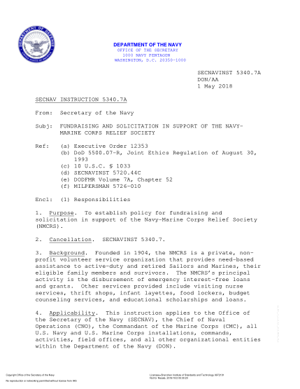 NIDS SECNAV 5340.7A-2018  (Don/Aa) Fundraising And Solicitation In Support Of The Navymarine Corps Relief Society