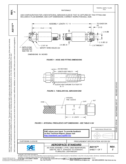SAE AS115J-2019  (R) Hose Assembly, Ptfe, Cres Reinforced, 3000 Psi, 400 °F, Straight To Straight, Flareless, Lightweight