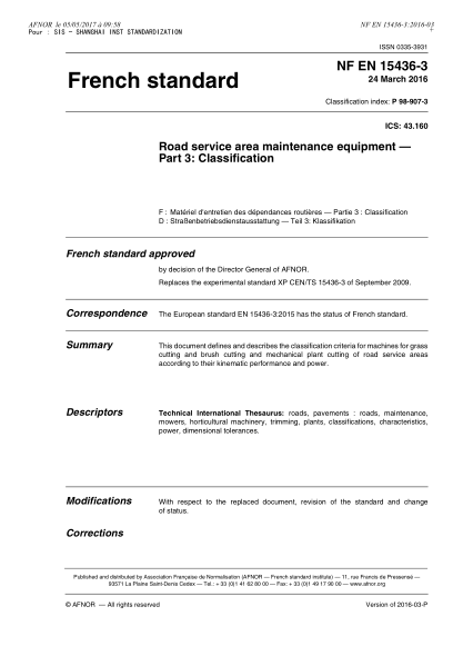 NF P98-907-3-2016   Road service area maintenance equipment - Part 3 - classification