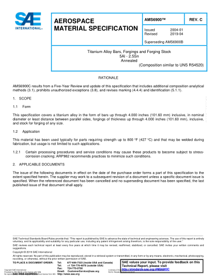 SAE AMS6900C-2019  Titanium Alloy Bars, Forgings And Forging Stock 5Al - 2.5Sn Annealed (Uns R54520)