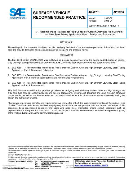 SAE J2551-1-2018  (R) Recommended Practices For Fluid Conductor Carbon,Alloy And High Strength Low Alloy Steel Tubing Applications-Part 1:Design And Fabrication