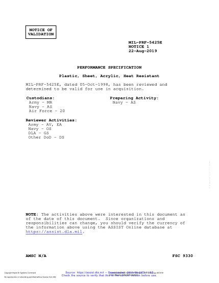 NAVY MIL-PRF-5425E VALID NOTICE 1-2019  Plastic, Sheet, Acrylic, Heat Resistant