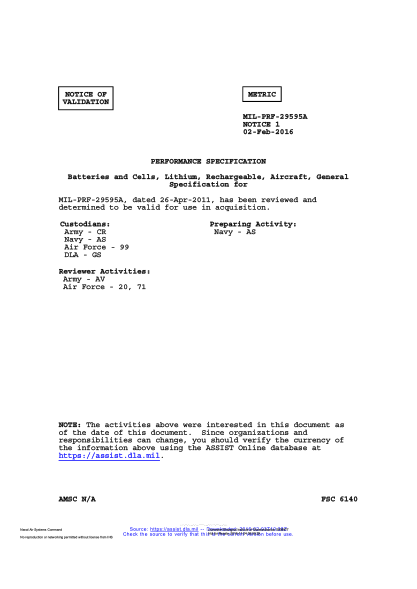 NAVY MIL-PRF-29595A VALID NOTICE 1-2016  Batteries And Cells,Lithium,Rechargeable,Aircraft,General Specification For