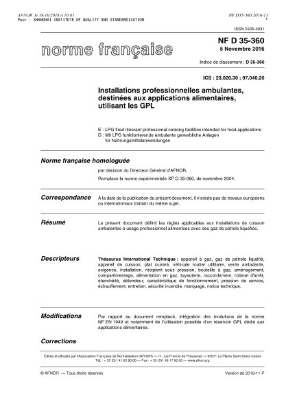 NF D35-360-2016   LPG fired itinerant professional cooking facilities intended for food applications