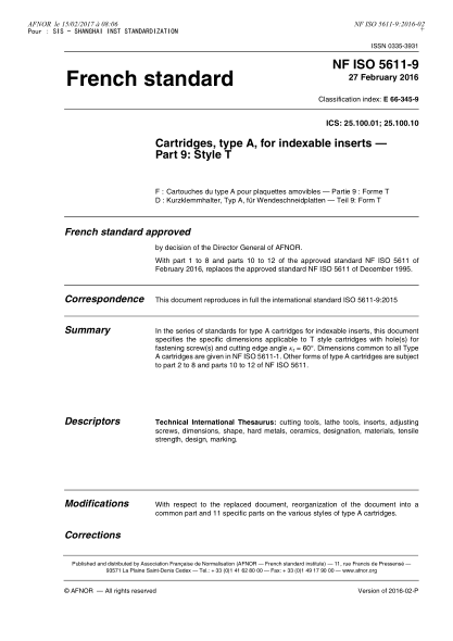 NF E66-345-9-2016   Cartridges, type A, for indexable inserts - Part 9 - style T