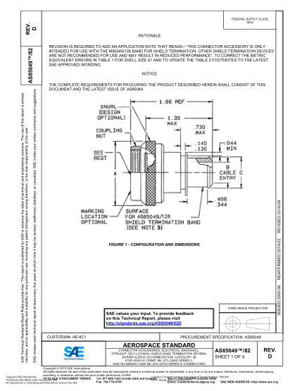 SAE AS85049/82D-2019  Connector Accessories, Electrical, Backshell, Straight, Self-Locking, Shield Band Termination (Rfi/Emi), Shrink Sleeve Accommodation, Category 3B (For As50151 Crimp, Mil-Dtl-26482 Series 2, As81703 Series 3 And Mil-Dtl-83723 Series I