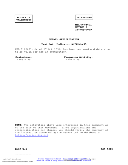 NAVY MIL-T-85601 VALID NOTICE 2-2019  Test Set, Indicator An/Apm-433