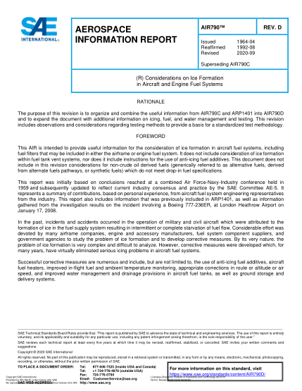 SAE AIR790D-2020  (R) Considerations On Ice Formation In Aircraft And Engine Fuel Systems