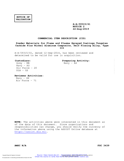 NAVY A-A-59315/41 VALID NOTICE 2-2019  Powder Materials For Flame And Plasma Sprayed Coatings Tungsten Carbide Plus Nickel Aluminum Composite, Self Fluxing Alloy, Type Iii