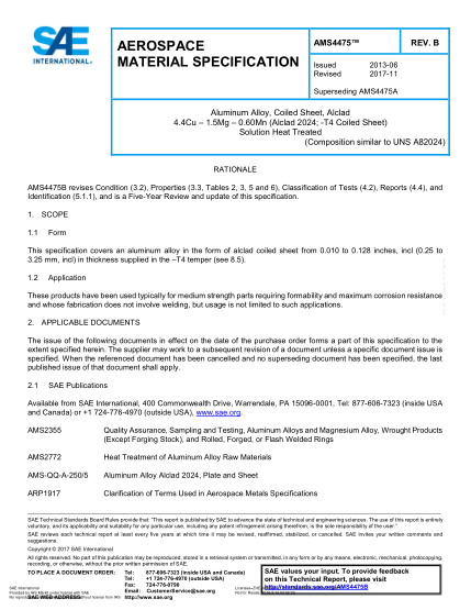 SAE AMS4475B-2017  Aluminum Alloy,Coiled Sheet,Alclad 4.4Cu – 1.5Mg – 0.60Mn (Alclad 2024;-T4 Coiled Sheet) Solution Heat Treated (Uns A82024)