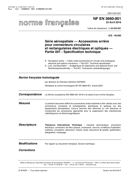 NF L54-225-001-2016   Aerospace series - Cable outlet accessories for circular and rectangular electrical and optical connectors - Part 001 - technical specification