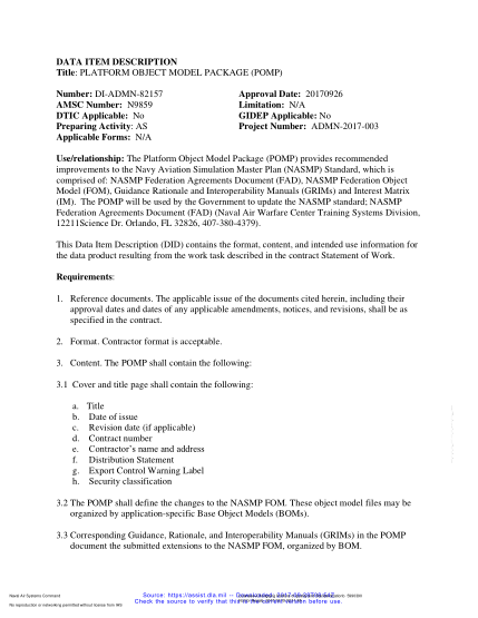 NAVY DI-ADMN-82157-2017  Platform Object Model Package (Pomp)