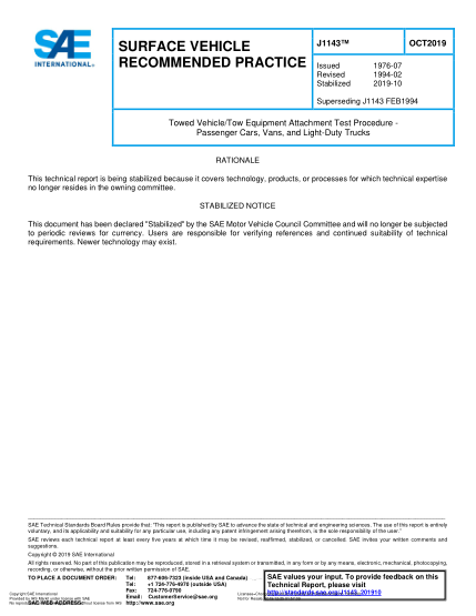 SAE J1143-2019  Towed Vehicle/Tow Equipment Attachment Test Procedure - Passenger Cars, Vans, And Light-Duty Trucks