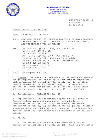 NIDS SECNAV 12534.1D-2018  (Asn (M&Ra)) Civilian Faculty Pay Schedule For The U.S. Naval Academy, The Naval War College, The Naval Post-Graduate School, And The Marine Corps University