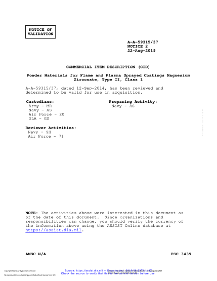 NAVY A-A-59315/37 VALID NOTICE 2-2019  Powder Materials For Flame And Plasma Sprayed Coatings Magnesium Zirconate, Type Ii, Class 1