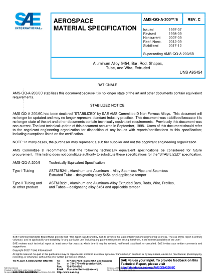 SAE AMS-QQ-A-200/6C-2017  Aluminum Alloy 5454,Bar,Rod,Shapes,Tube,And Wire,Extruded (Uns A95454)