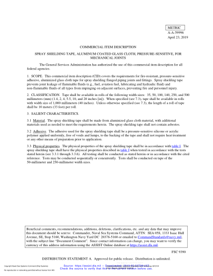 NAVY A-A-59996-2019  Spray Shielding Tape, Aluminum Coated Glass Cloth, Pressure-Sensitive, For Mechanical Joints