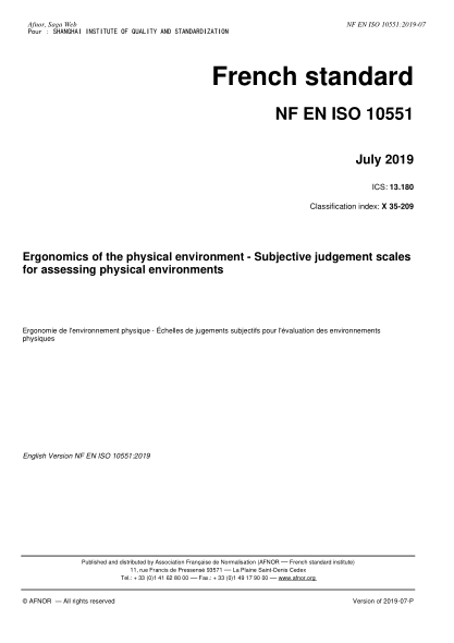NF X35-209-2019   Ergonomics of the physical environment - Subjective judgement scales for assessing physical environments