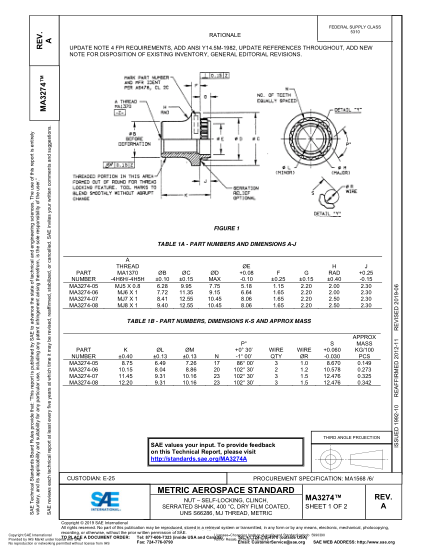 SAE MA3274A-2019  Nut – Self-Locking, Clinch, Serrated Shank, 400 °C, Dry Film Coated, Uns S66286, Mj Thread, Metric
