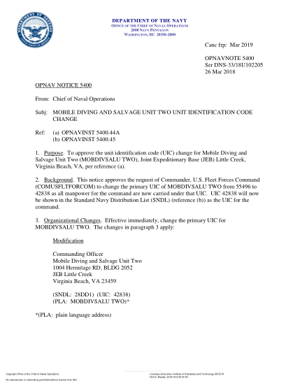 NIDS OPNAV NOTE 5400 18U102205-2018  (Ser Dns-33/18U102205) Mobile Diving And Salvage Unit Two Unit Identification Code Change