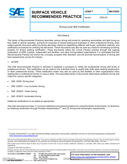 SAE J3300-2020  Driving Level Skill Certification