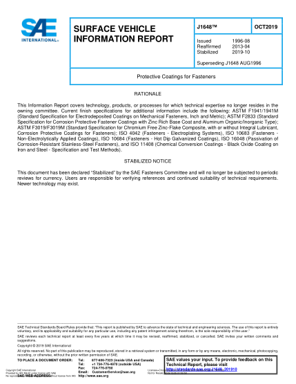 SAE J1648-2019  Protective Coatings For Fasteners