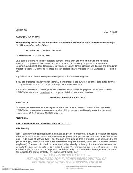 UL 962 BULLETIN/2-2017  Ul Standard For Safety Household And Commercial Furnishings (Comments Due: June 12, 2017)