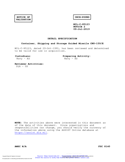 NAVY MIL-C-85123 VALID NOTICE 2-2019  Container, Shipping And Storage Guided Missile Cnu-159/E