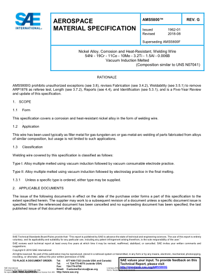 SAE AMS5800G-2018  Nickel Alloy, Corrosion And Heat-Resistant, Welding Wire 54Ni - 19Cr - 11Co - 10Mo - 3.2Ti - 1.5Al - 0.006B Vacuum Induction Melted (Uns N07041)