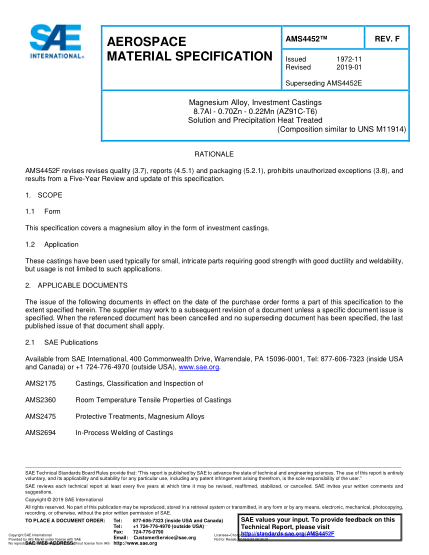 SAE AMS4452F-2019  Magnesium Alloy, Investment Castings 8.7Al - 0.70Zn - 0.22Mn (Az91C-T6) Solution And Precipitation Heat Treated (Uns M11914)