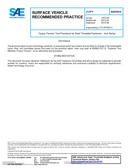 SAE J174-2019  Torque-Tension Test Procedure For Steel Threaded Fasteners - Inch Series