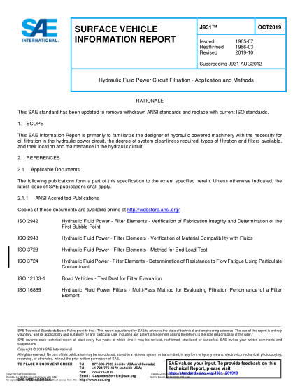 SAE J931-2019  Hydraulic Fluid Power Circuit Filtration - Application And Methods