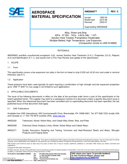 SAE AMS5892C-2020  Alloy, Sheet And Strip 42Fe - 37.5Ni - 14Co - 4.8Cb (Nb) - 1.6Ti Solution Heat Treated, Precipitation Hardenable Multiple Melted, High Temperature, Low Expansion (Uns N19909)