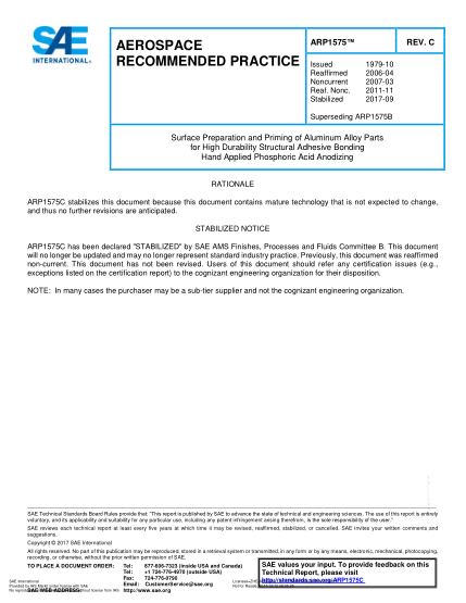 SAE ARP1575C-2017  Surface Preparation And Priming Of Aluminum Alloy Parts For High Durability Structural Adhesive Bonding Hand Applied Phosphoric Acid Anodizing