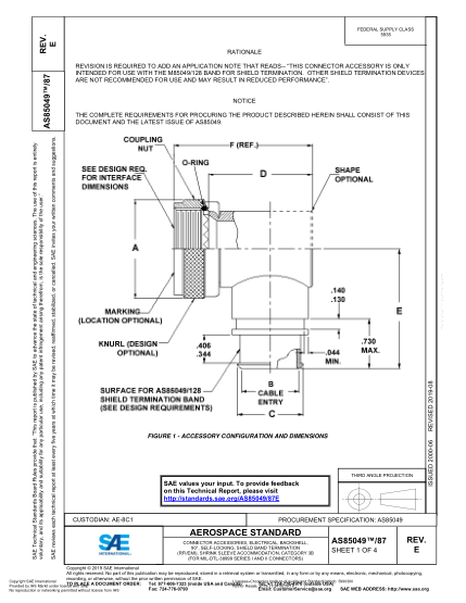 SAE AS85049/87E-2019  (R) Connector Accessories, Electrical, Backshell, 90°, Self-Locking, Shield Band Termination (Rfi/Emi), Shrink Sleeve Accommodation, Category 3B (For Mil-Dtl-38999 Series I And Ii Connectors)