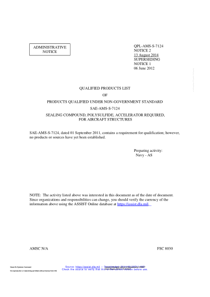 NAVY QPL-AMS-S-7124 NOTICE 2-2014  SEALING COMPOUND, POLYSULFIDE, ACCELERATOR REQUIRED, FOR AIRCRAFT STRUCTURES
