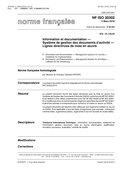 NF X50-443-2016   Information and documentation - Management systems for records - Guidelines for implementation